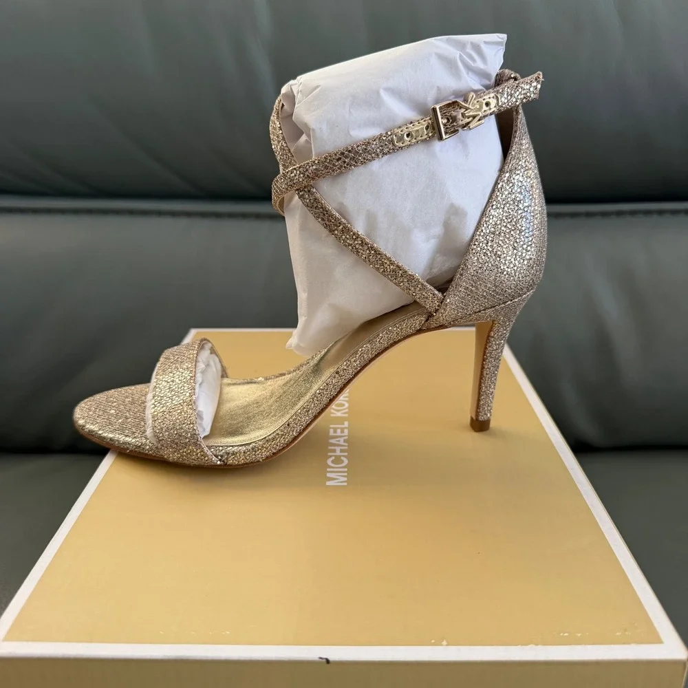 Michael Kors Ava Mid Sandal Glitter Mesh Rose Gold Sand 7M 40F9AVMA3D